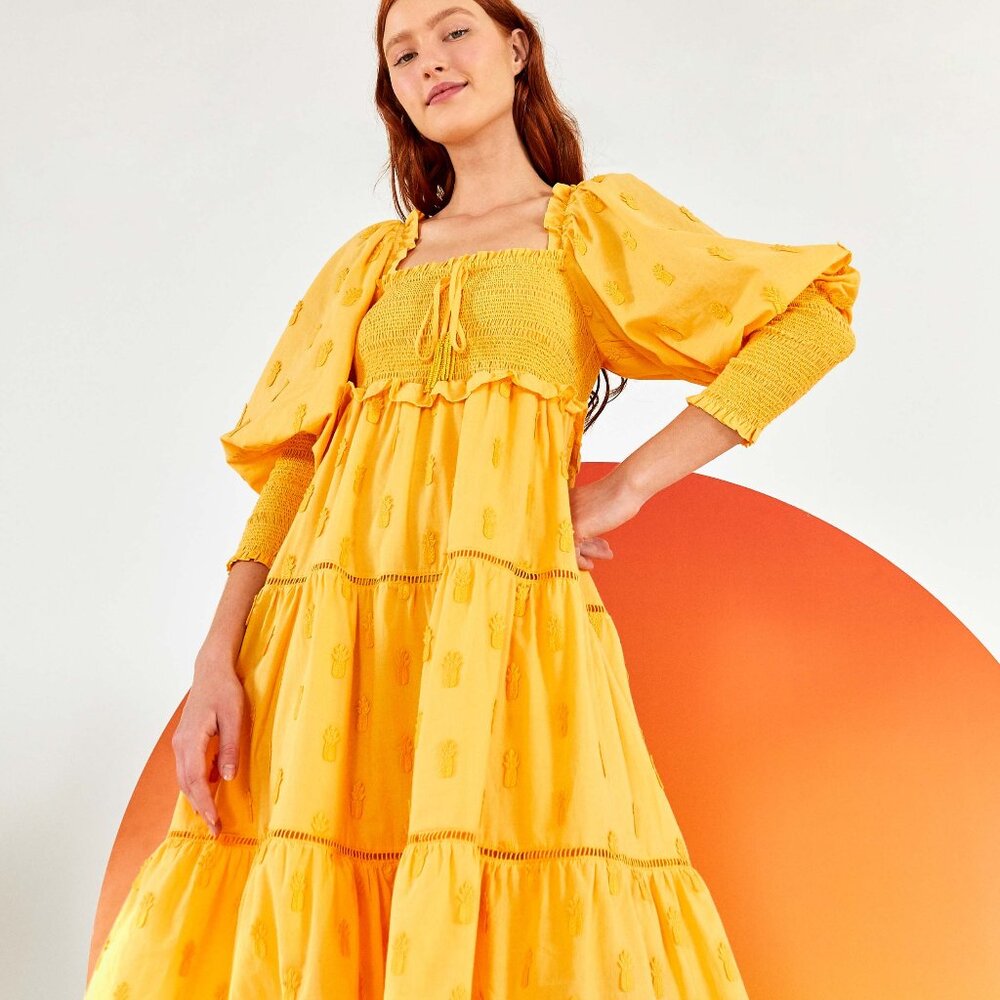 YELLOW 3D PINEAPPLE TIERED MIDI DRESS